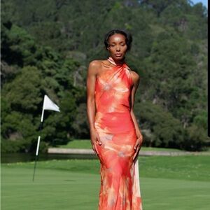 One-Shoulder Orange Floral Maxi Dress